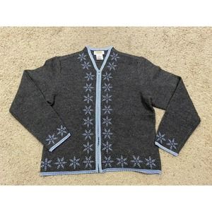 TALBOTS size S SWEATER 100% Wool Full Zip Snowflake Charcoal Gray EUC Z21